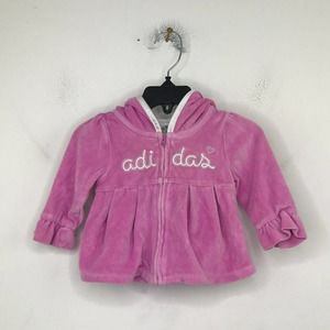 Adidas Girl's 3M Jacket Pink Velour Embroidered Logo Peplum Hooded Full Zip BO4